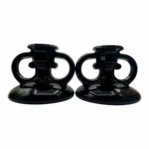 Vintage L.E. Smith Candlestick Holder Black Glass Scroll Set of Two Taper